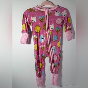 Kids Pink One-Piece Zip Pajama with Donut & Milk and cookies